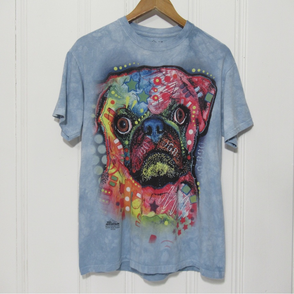 The Mountain Light Blue Graphic Tee Shirt With Colorful Pug Print Size Medium